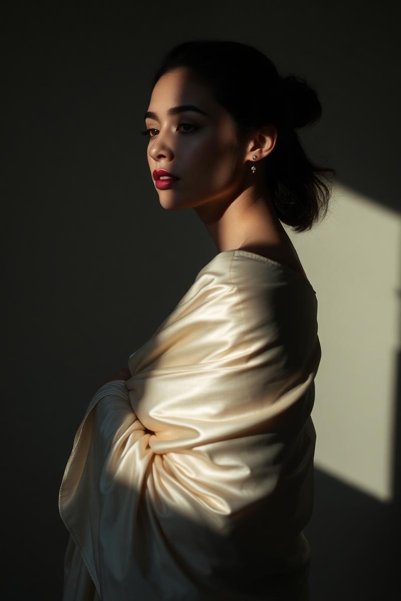 Editorial portrait with silk and shadow